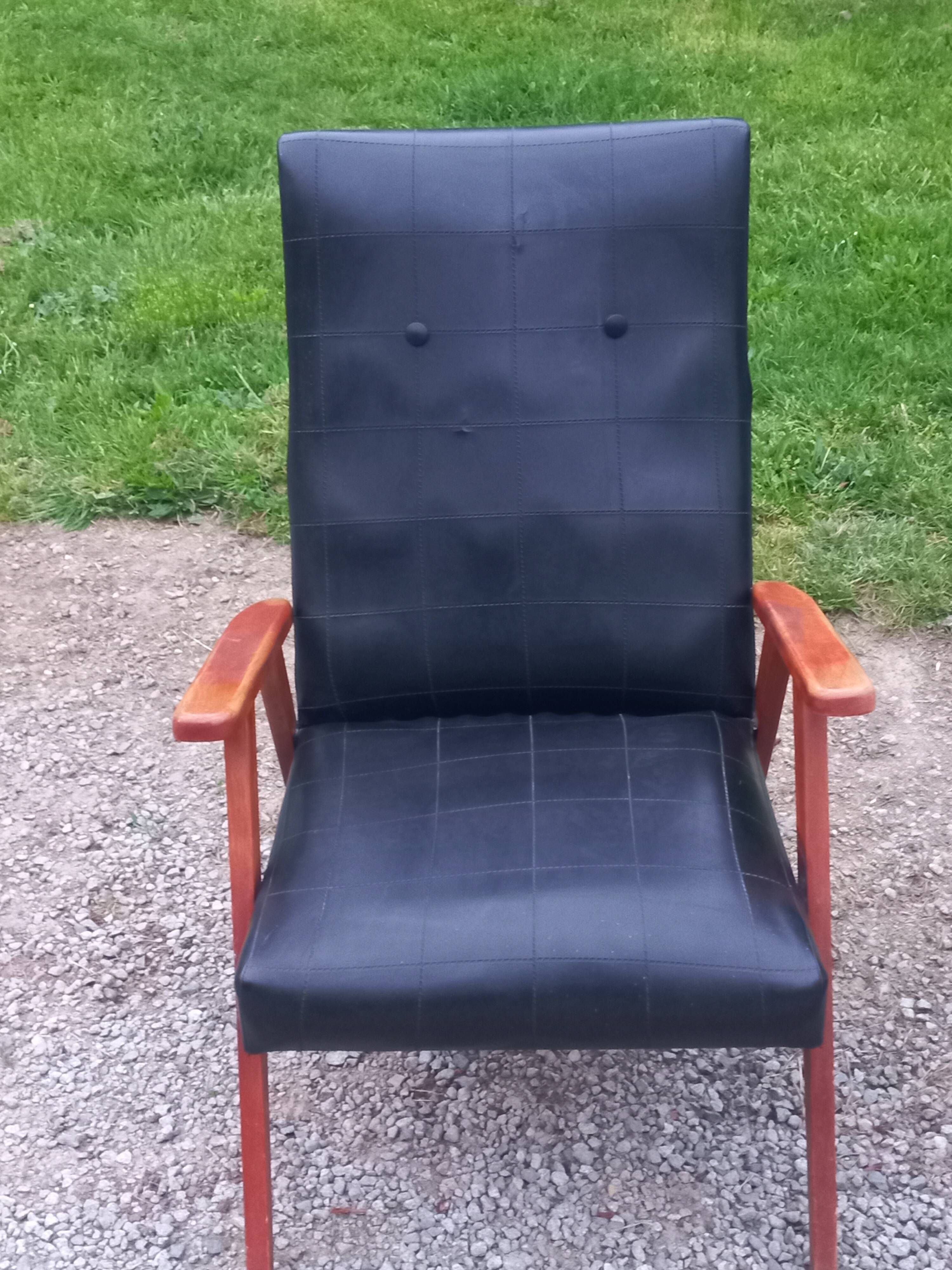 Pair of vintage beech armchairs feet compass covered with black moleskine from the 50s