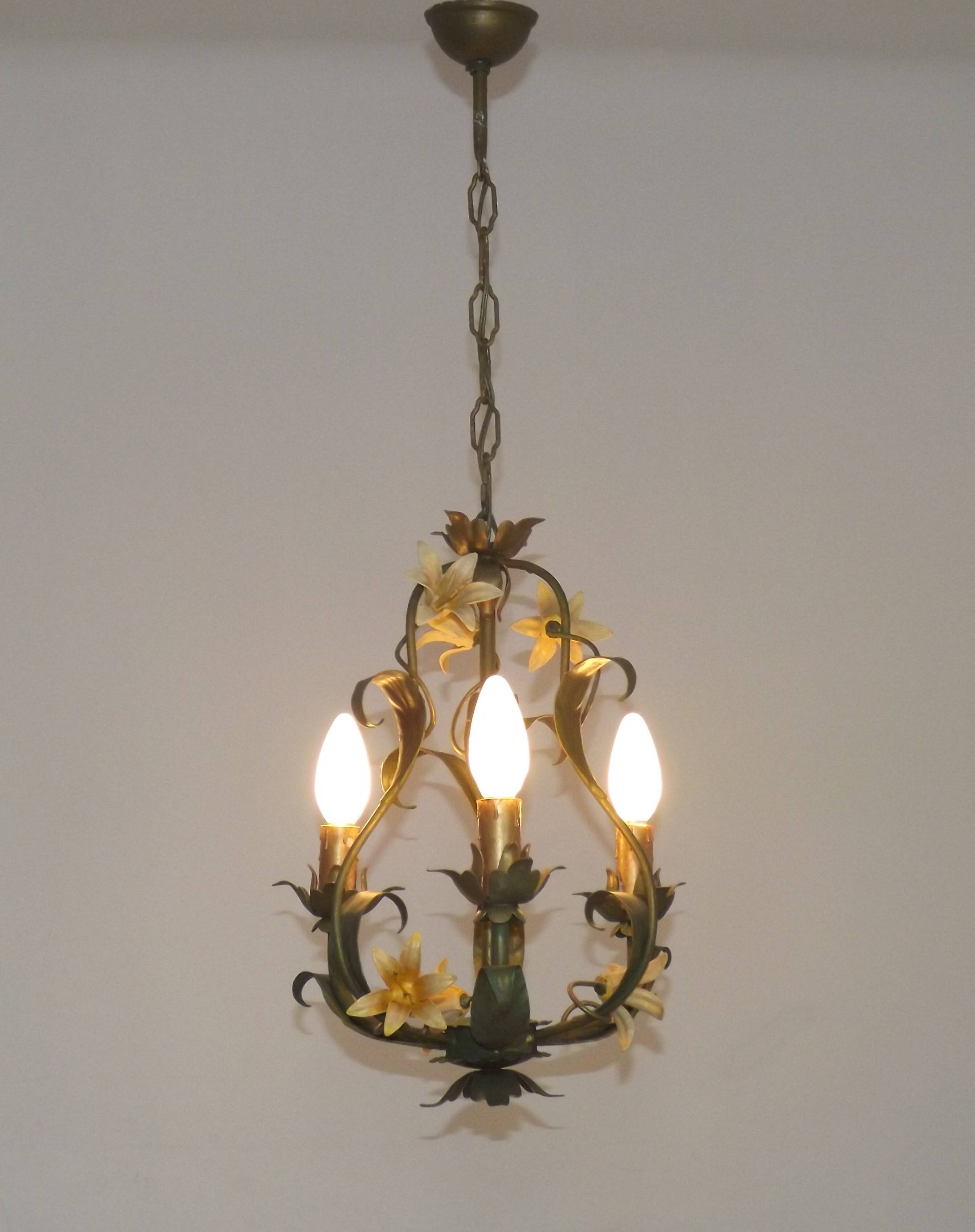 French Vintage 3 Light Cage Chandelier Hand Painted Floral Design