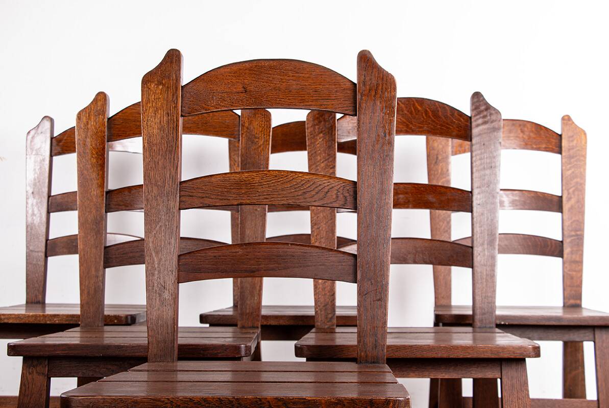 Set of 6 large Brutalist chairs in solid oak from the 1950s.