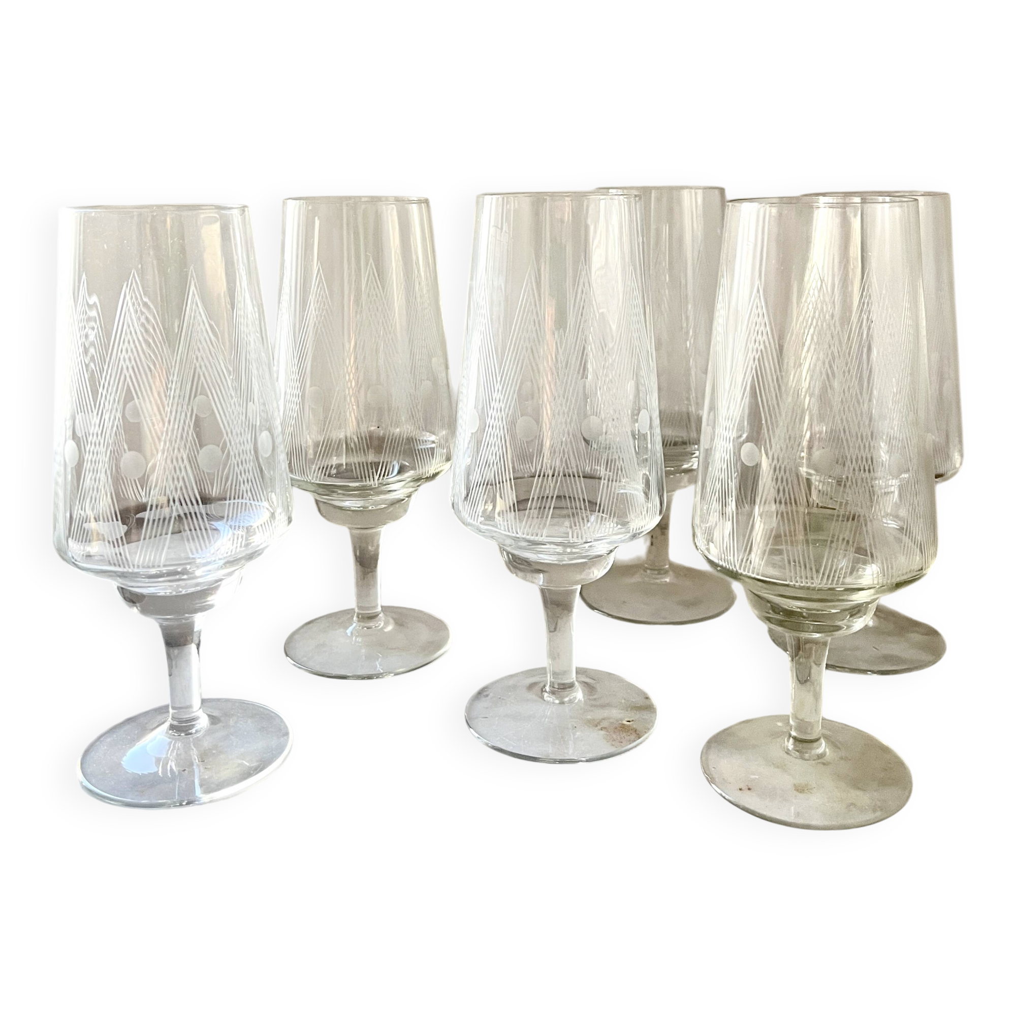Vintage Set of 6 Etched Crystal Glasses for Wine or Cocktail,  1960s Mid-Ce