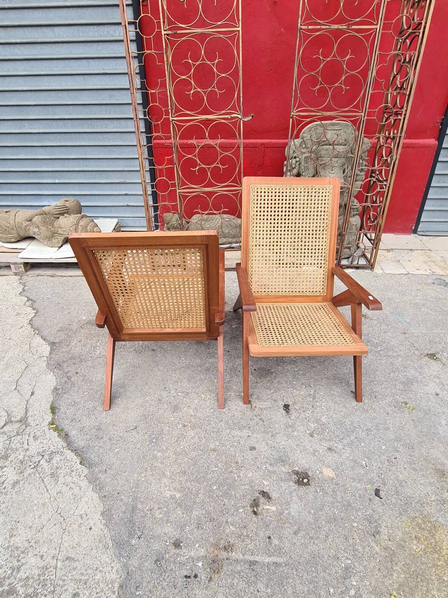 Pair of compass foot armchairs in solid mahogany and cannage 50s