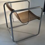 Armchair in chrome tubular metal and smoked plexiglass