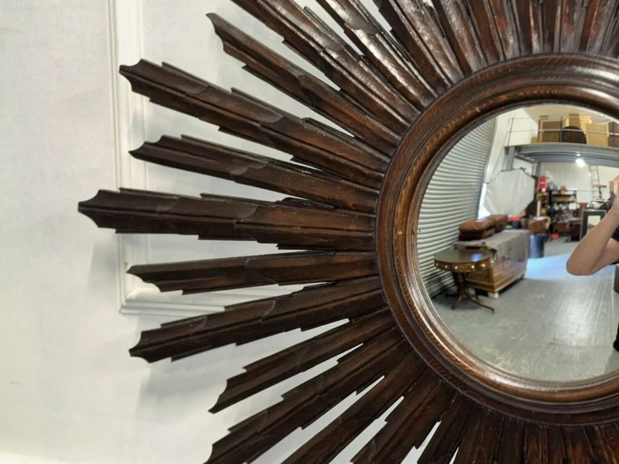 Vintage Brown Wood Convex Wall Mirror Sunburst, Spain, 1940