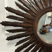 Vintage Brown Wood Convex Wall Mirror Sunburst, Spain, 1940