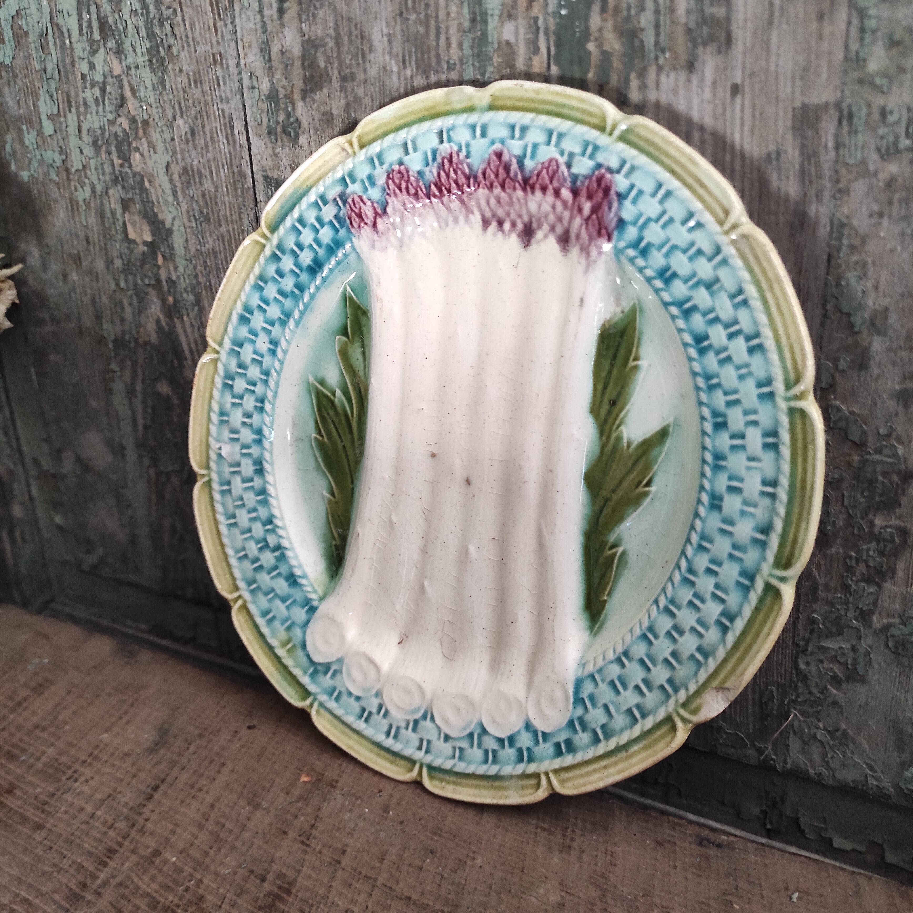 French antique asparagus dish, majolica, barbotine