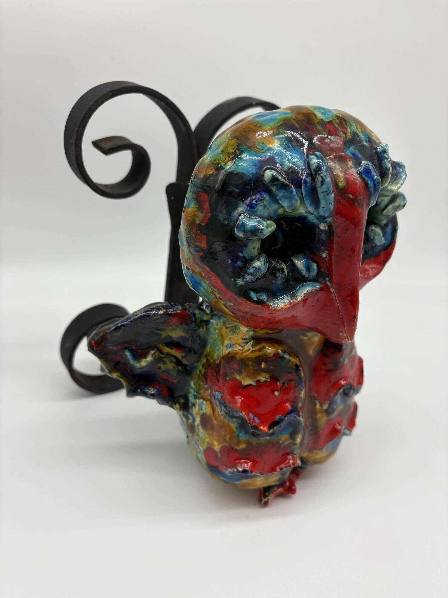 Owl Sculpture in Glazed Ceramic Dated 1991 on Wrought Iron Base
