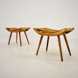 Pair of beech straw stools, 1960s, Czechoslovakia