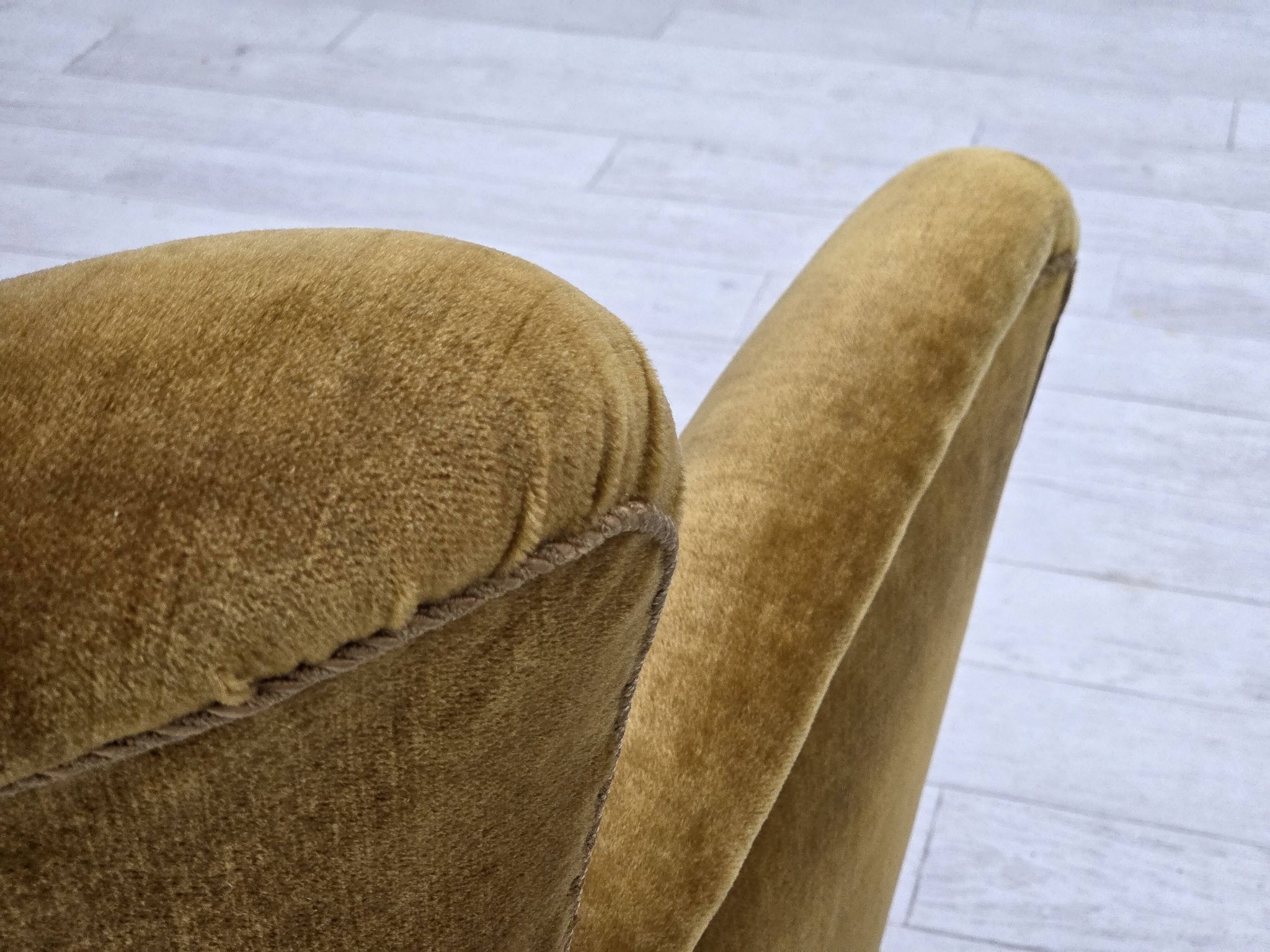 1960s, Danish 3-seater sofa, honey-yellow furniture velour, beech wood.