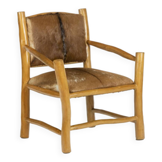 Fauteuil de style Brutaliste en orme et peau de chèvre, années 1970