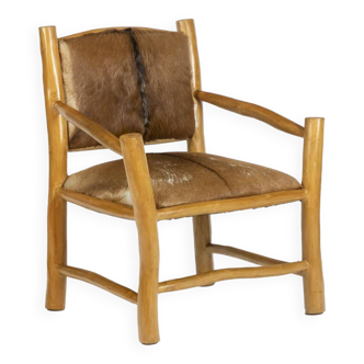 Brutalist style armchair in elm and goatskin, 1970s