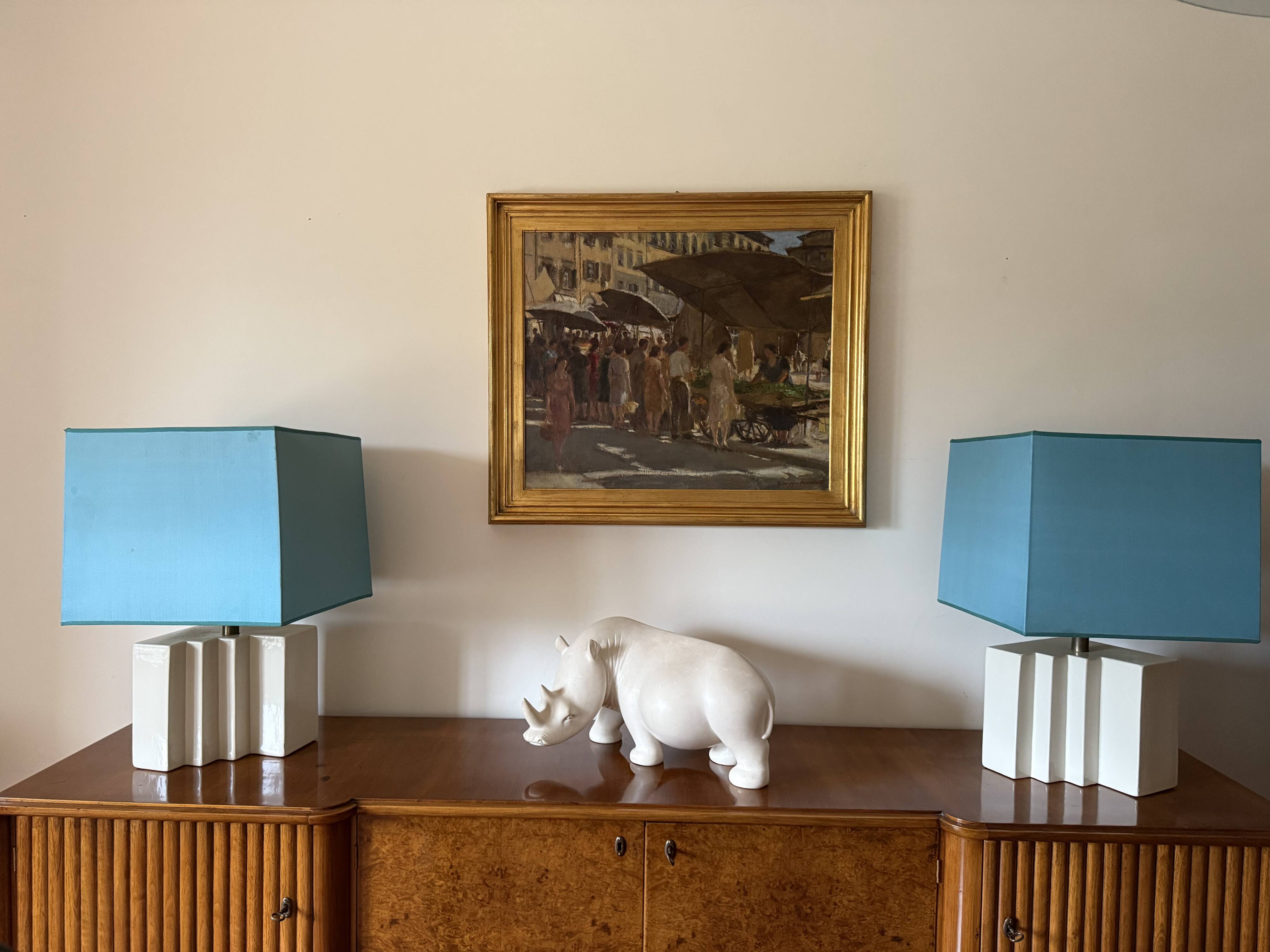 Hollywood regency set of 2 ceramic table Lamps, France 1970s