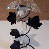 Glass soliflore vase in the shape of a fleur-de-lis on metal base