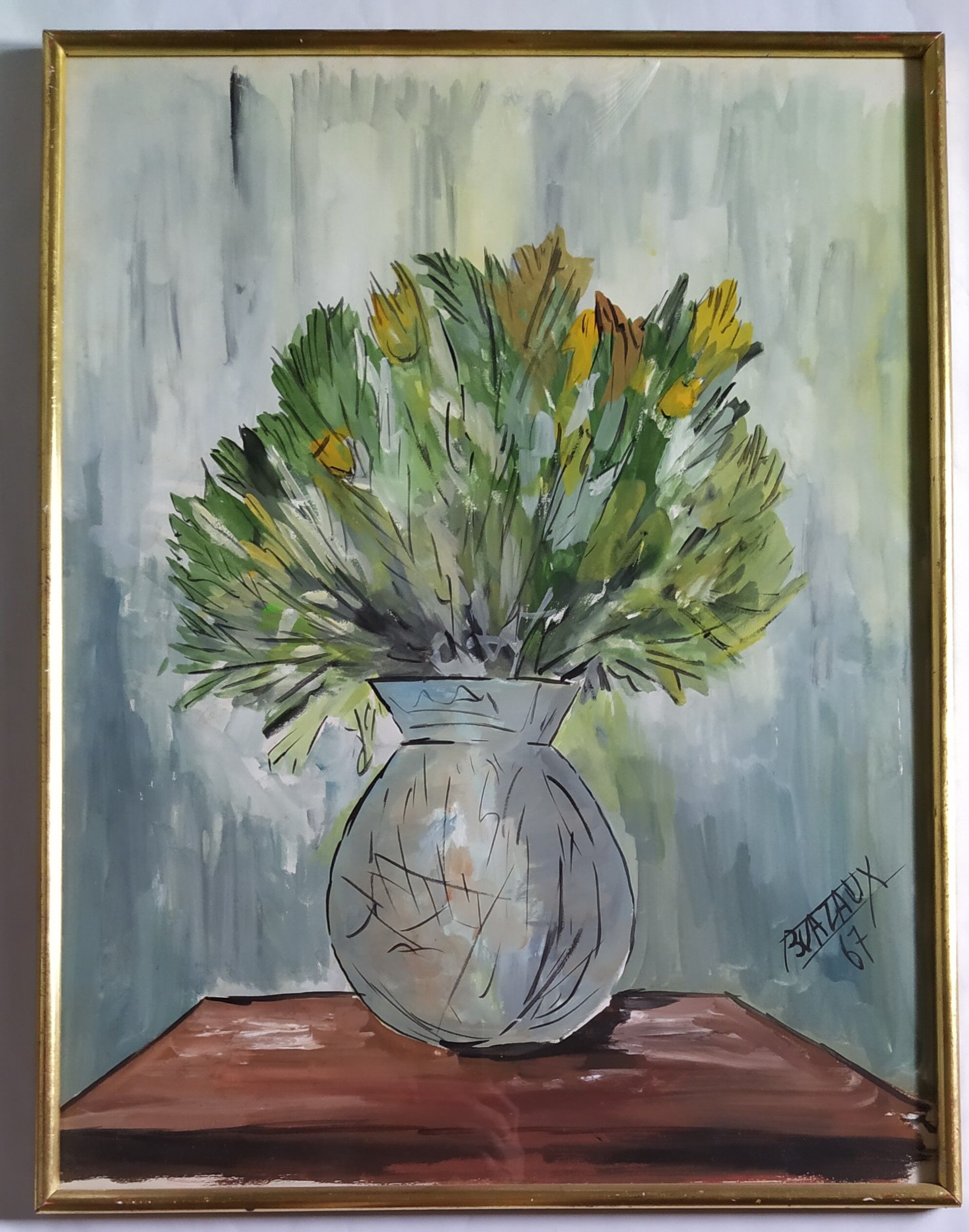 Watercolor 'Vase au Bouquet 1967' signed by BUAZAUX