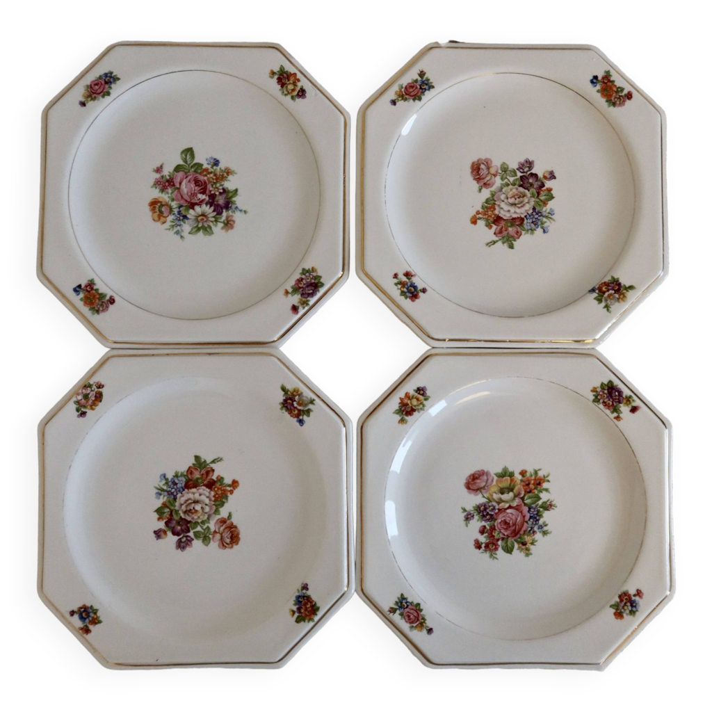 Lot Vintage Années 80 - 4 Assiettes Plates + 4 Assiettes Dessert Octogonales Arcopal