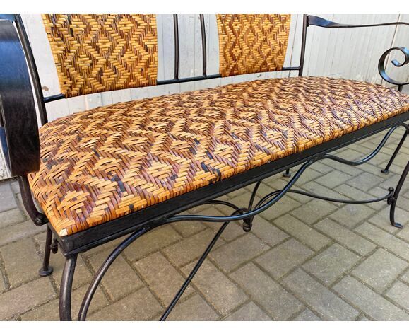 Set of vintage garden furniture sofa wrought iron and wicker, chairs & coffee table vintage 1980