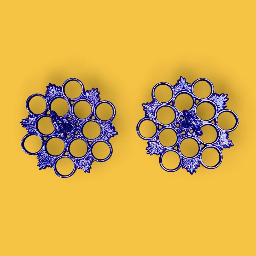 Pair of antique blue enamelled cast iron egg stands - 1960s