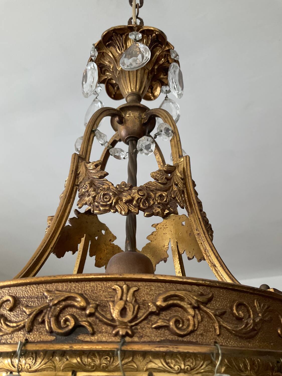 Old bronze basket chandelier with tassels