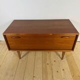 Low vintage sideboard with drop-down door – Scandinavian design 1960s, teak and elegant details