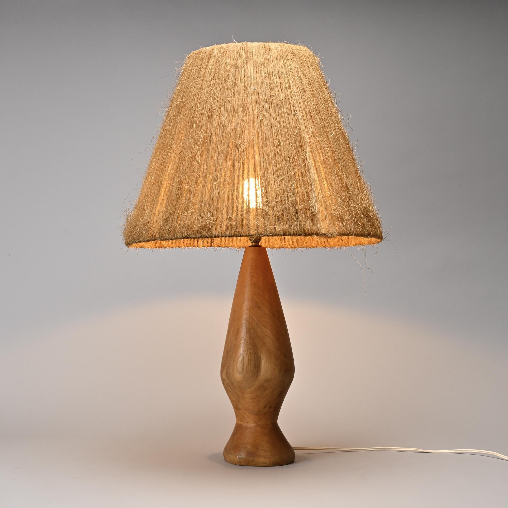 Turned wooden lamp and natural fibre, France, circa 1960