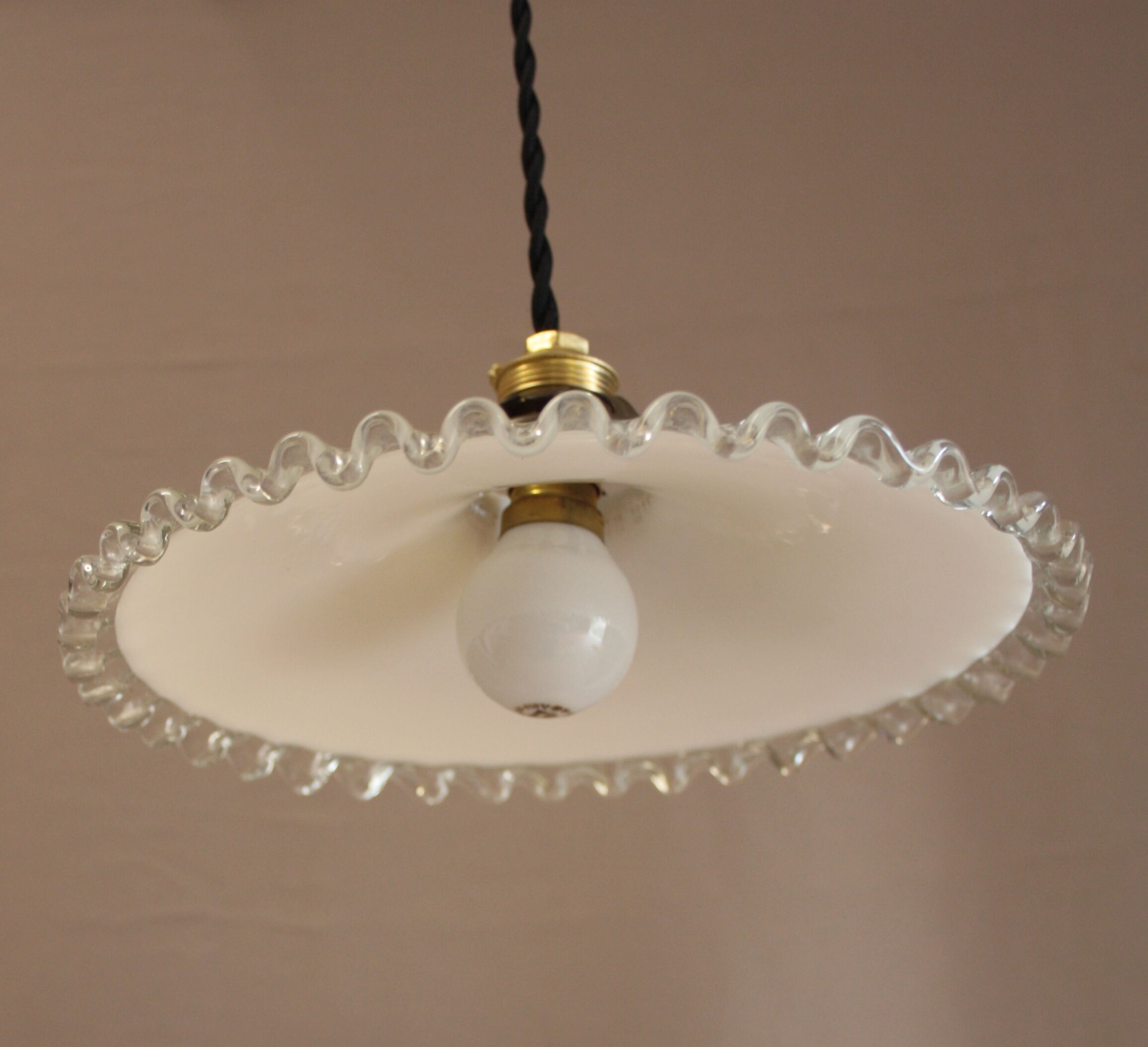Hanging lamp  in white opaline and transparent border