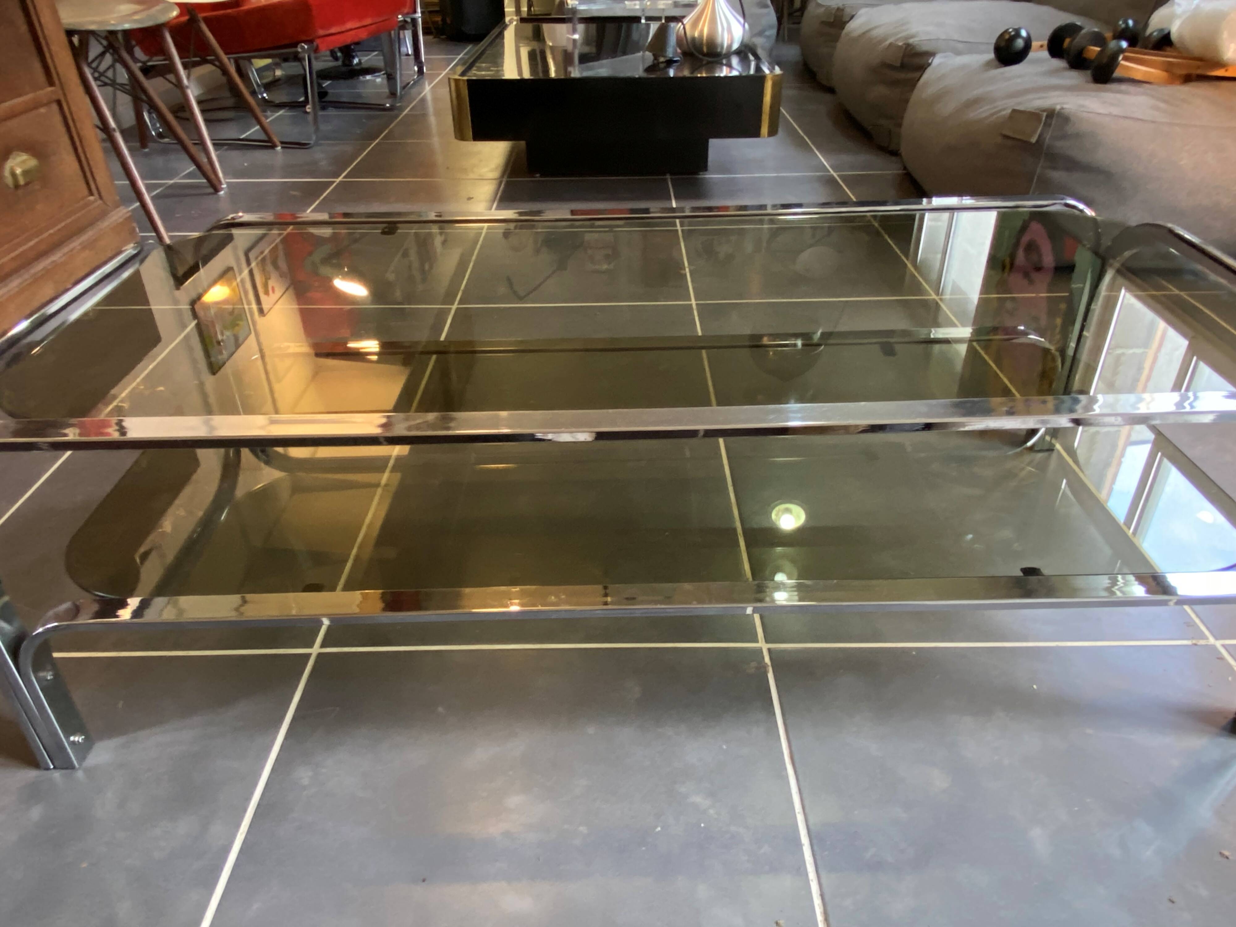 Table basse double plateau verre chrome style Bauhaus vintage 1970