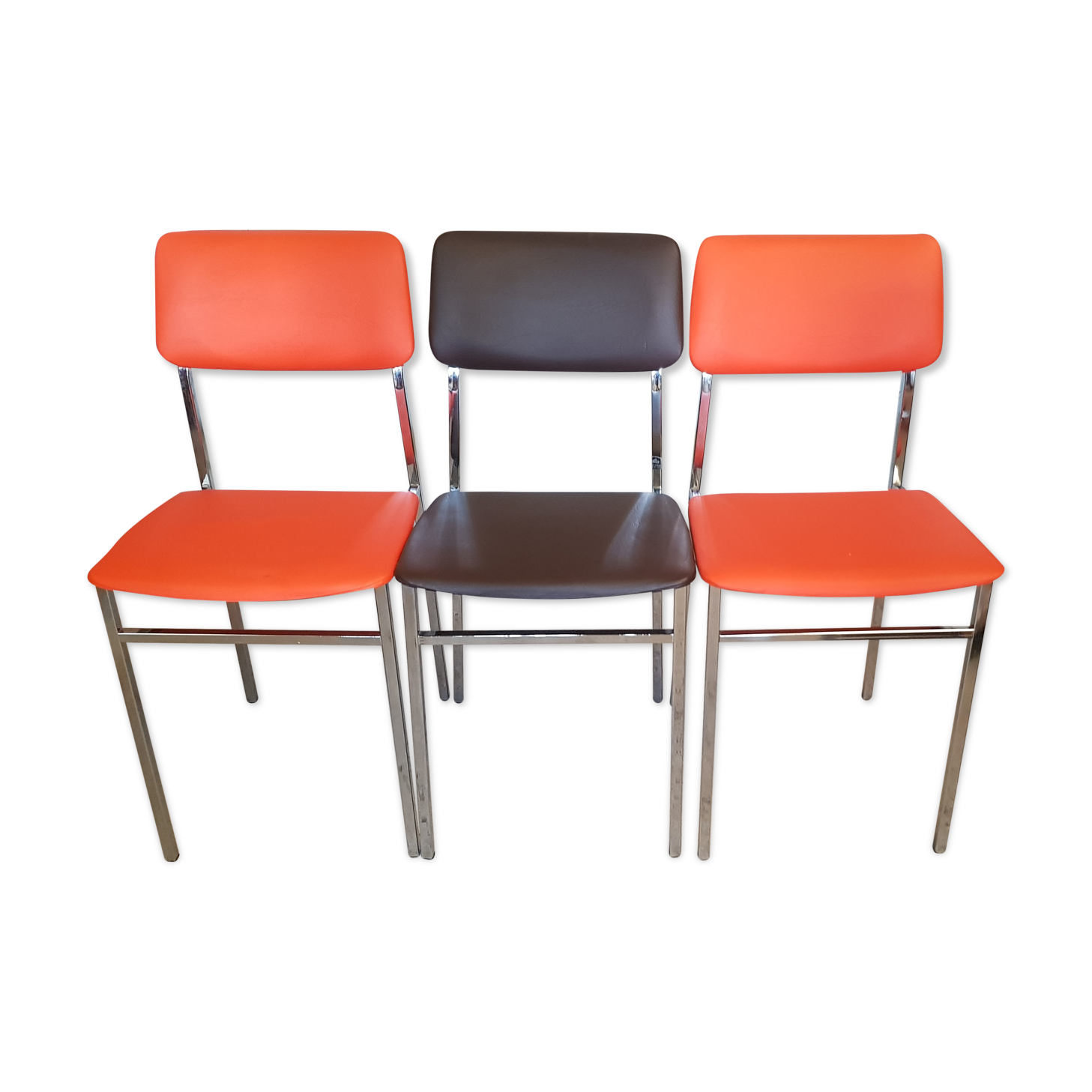 Set of 3 vintage LAFA chairs, chrome metal, orange and brown skai