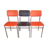 Lot de 3 chaises LAFA vintage, métal chromé,  skai orange et marron
