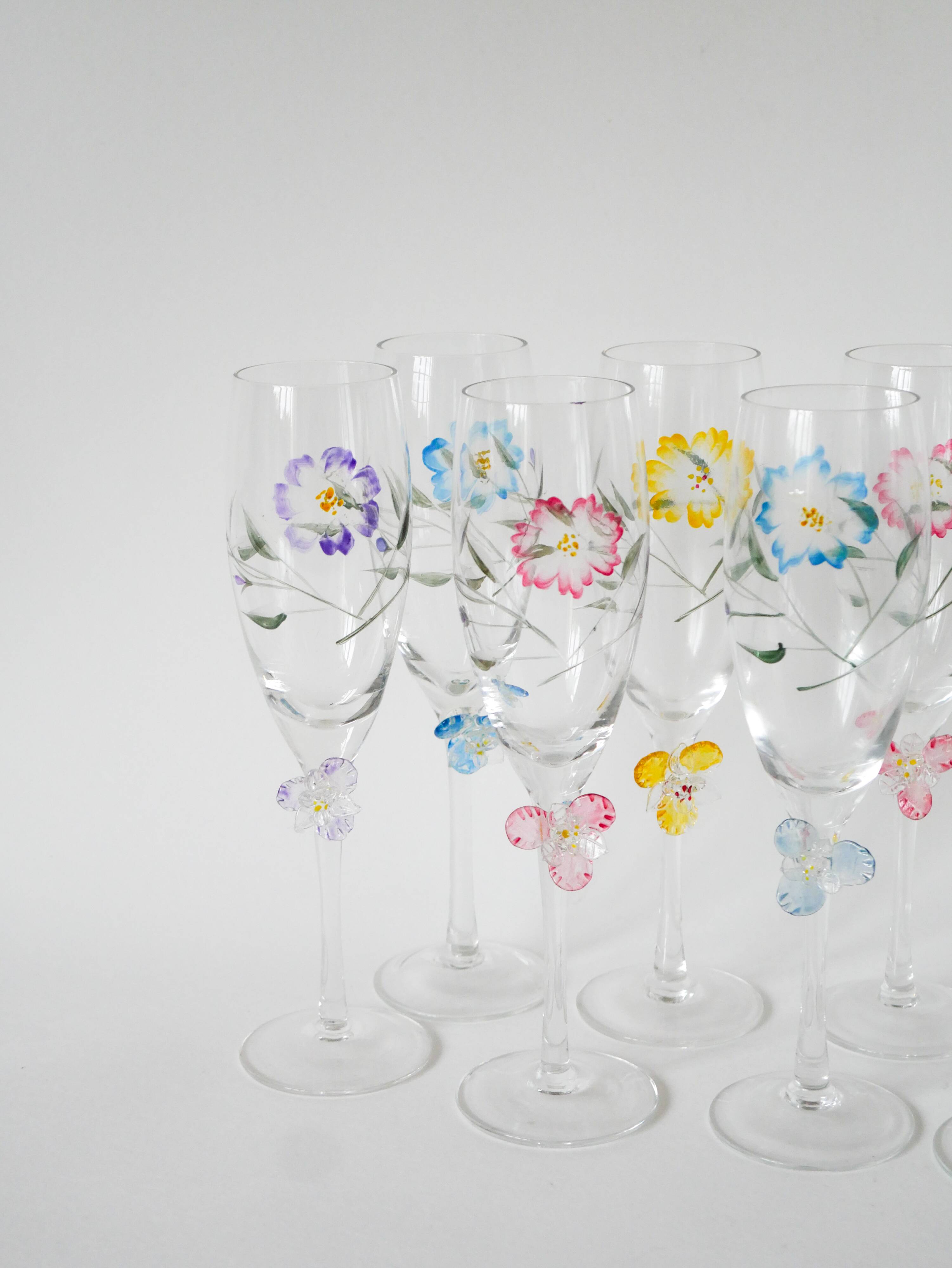 Set of 10 hand-painted champagne flutes with embossed flowers