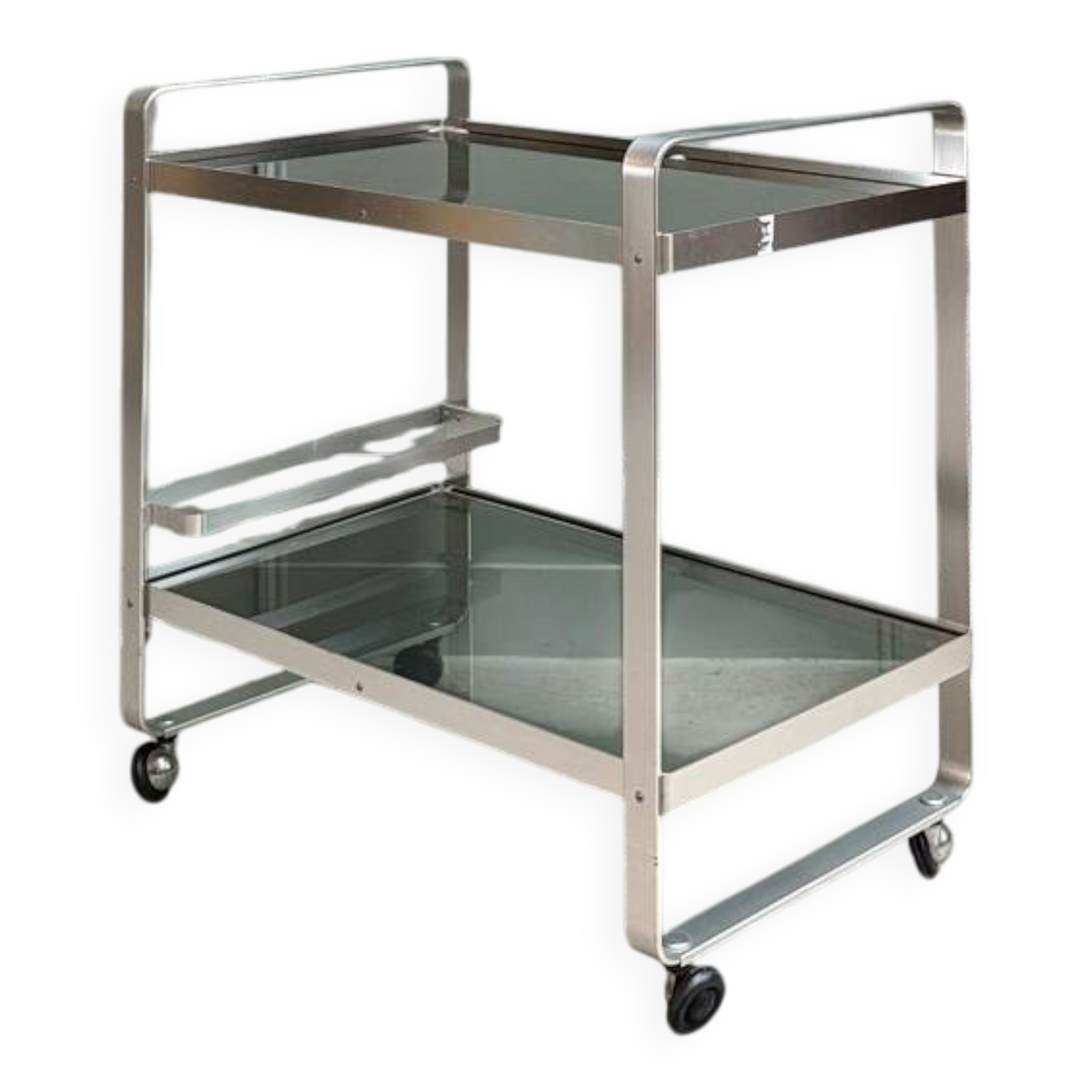 Vintage 70s serving cart in chromed metal and smoked glass
