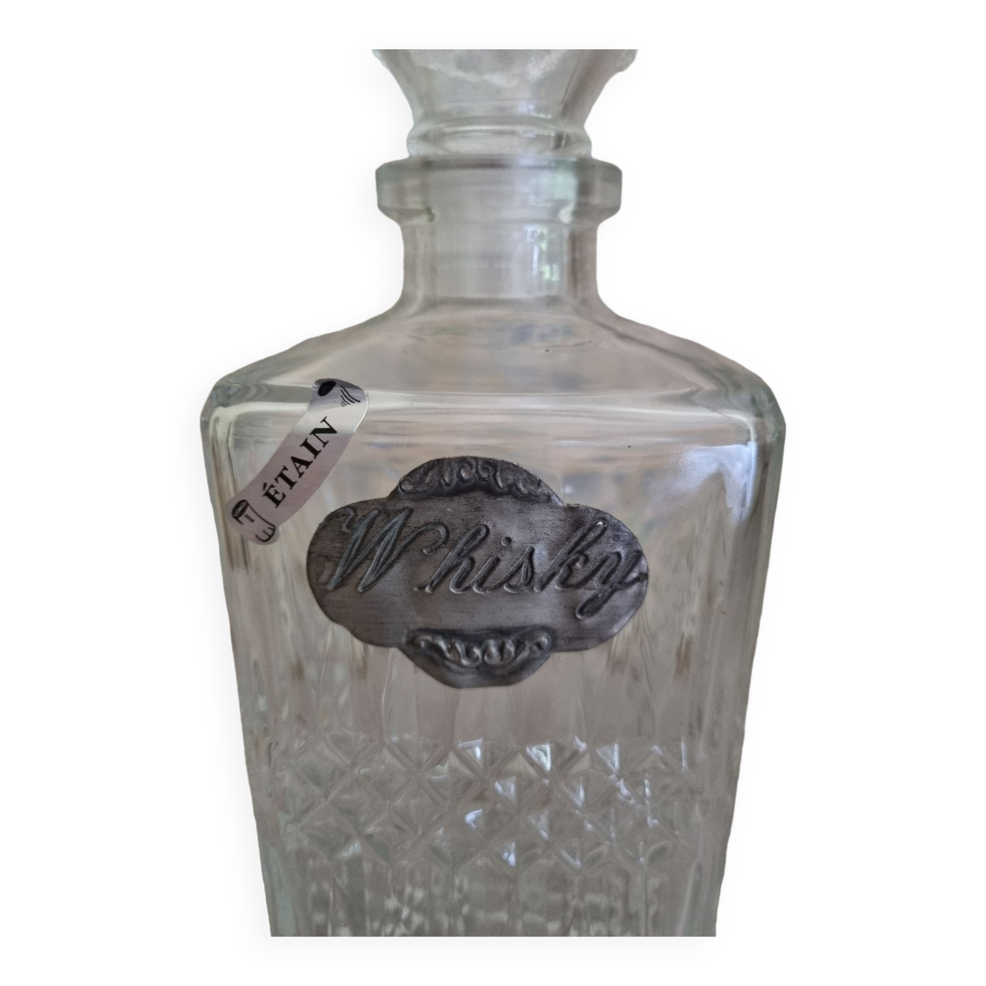 Carafe à whisky verre et étain  décor losanges et pointes