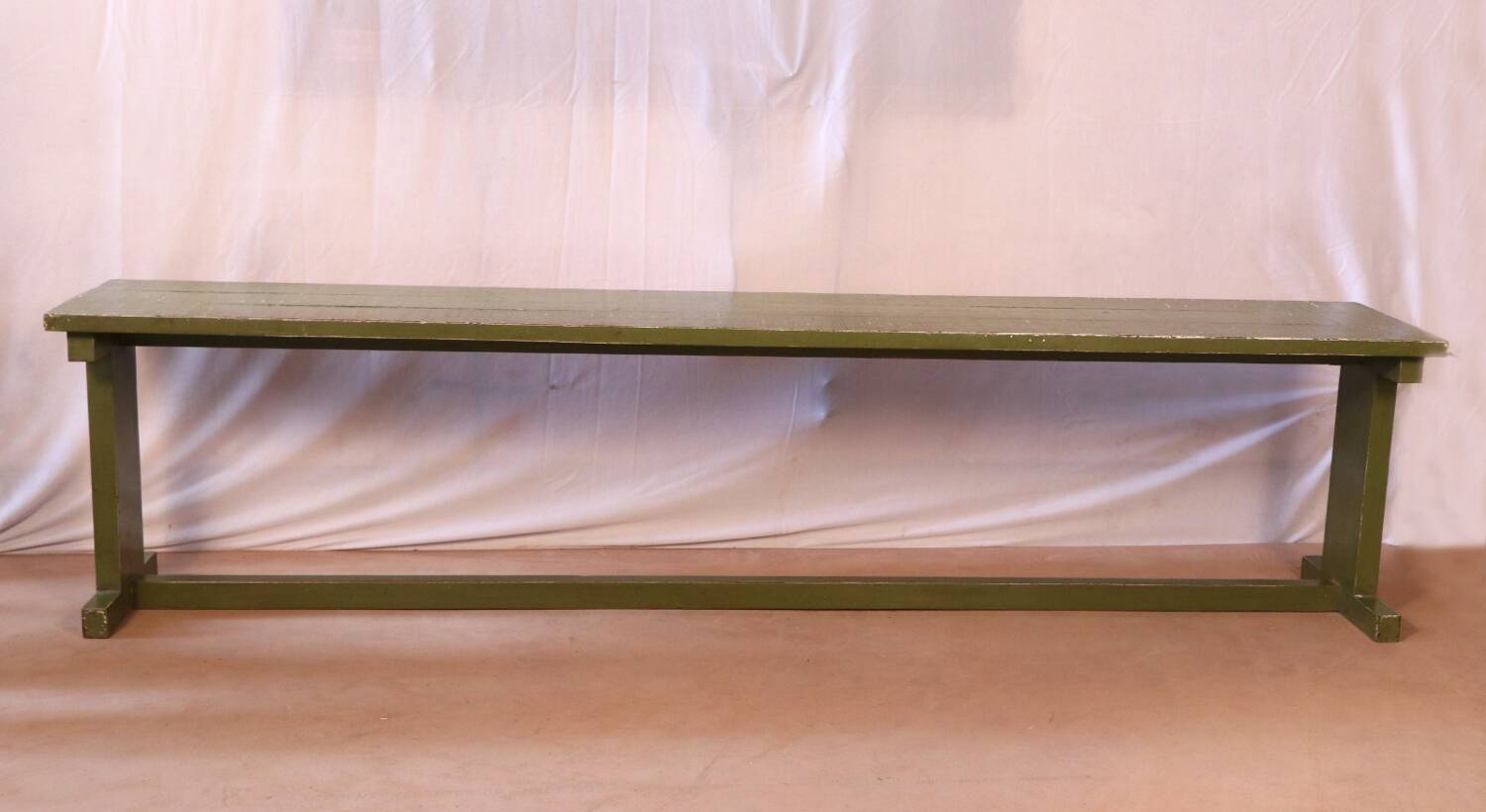 Antique Burmese teak bench with original green patina