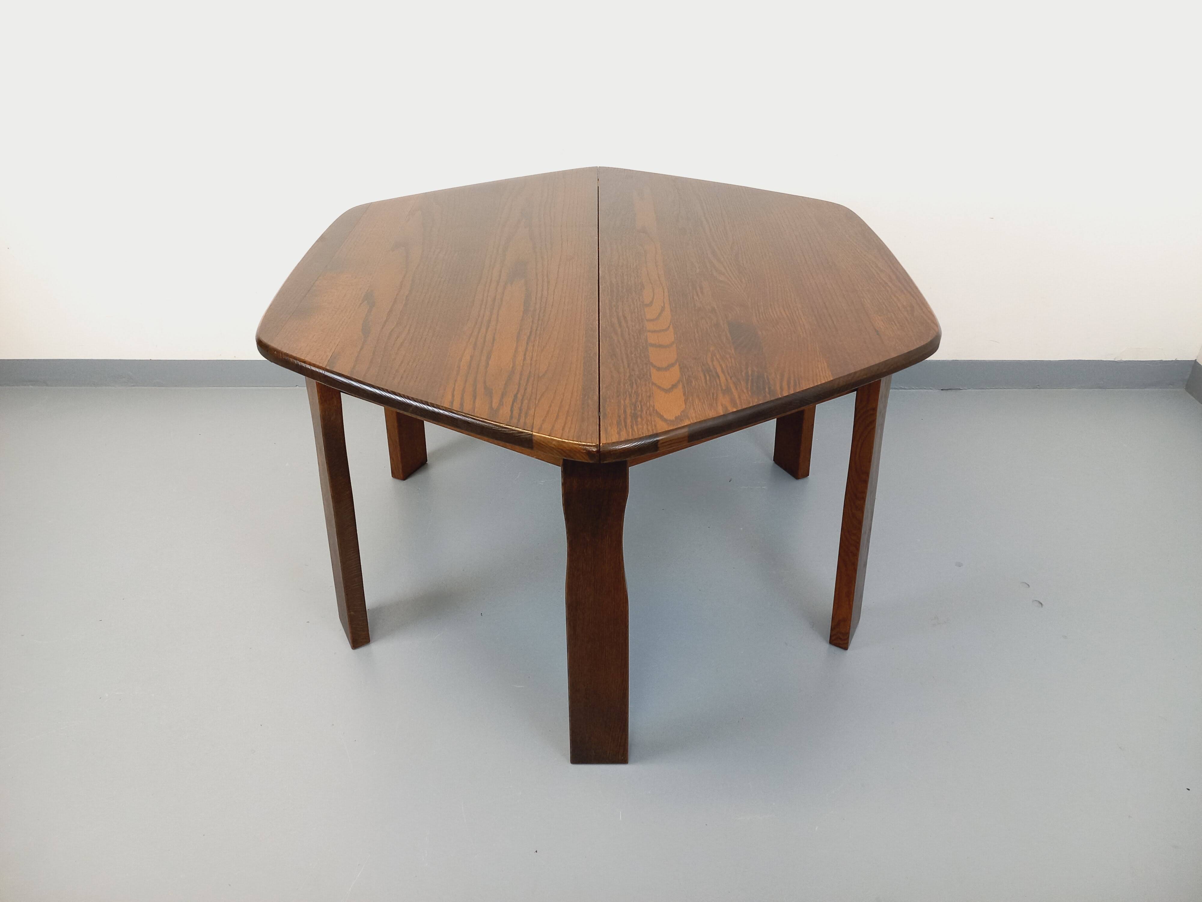 Vintage brutalist hexagonal dining table made of oak from the 1950s.