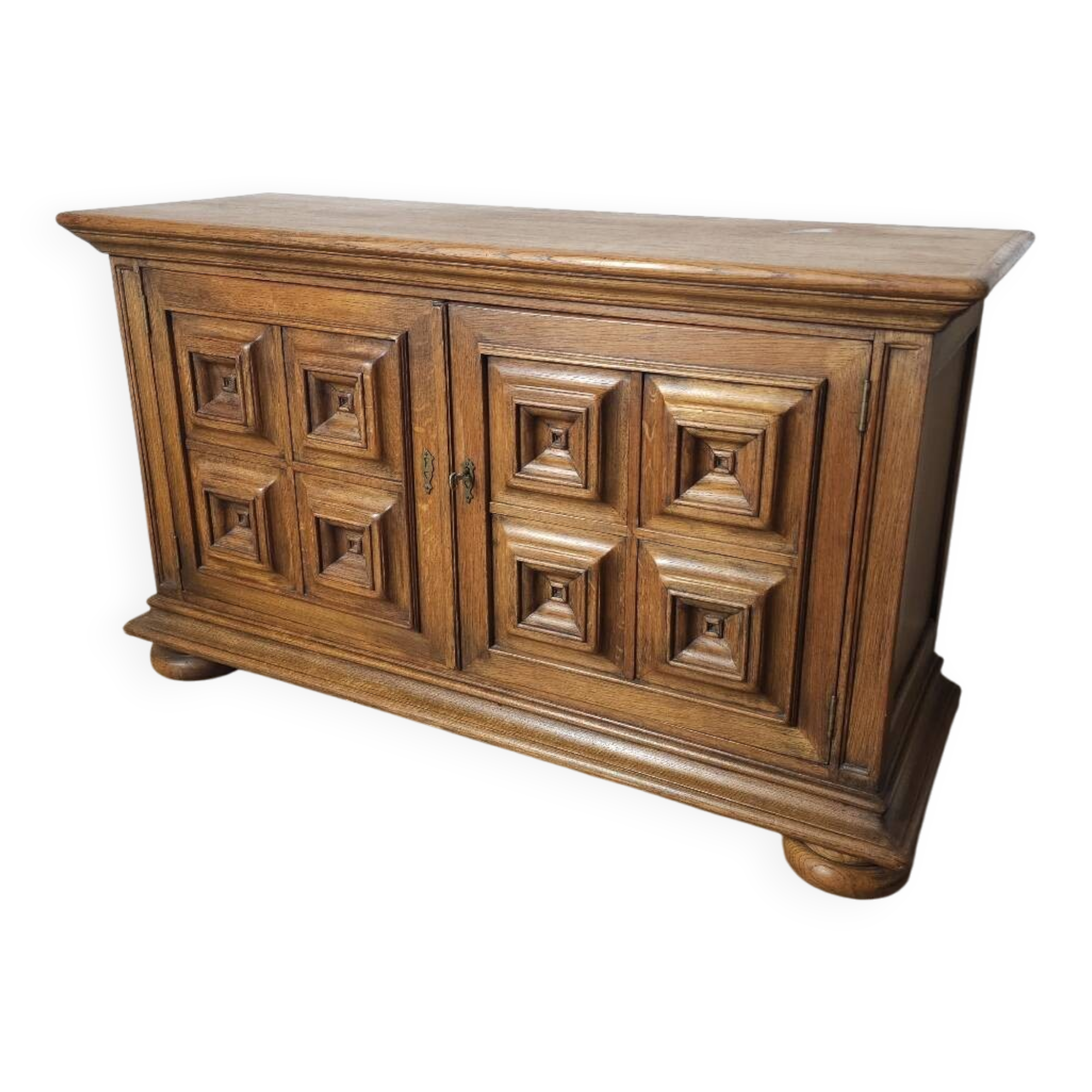 Small two-door oak sideboard, geometric design, mid-century.