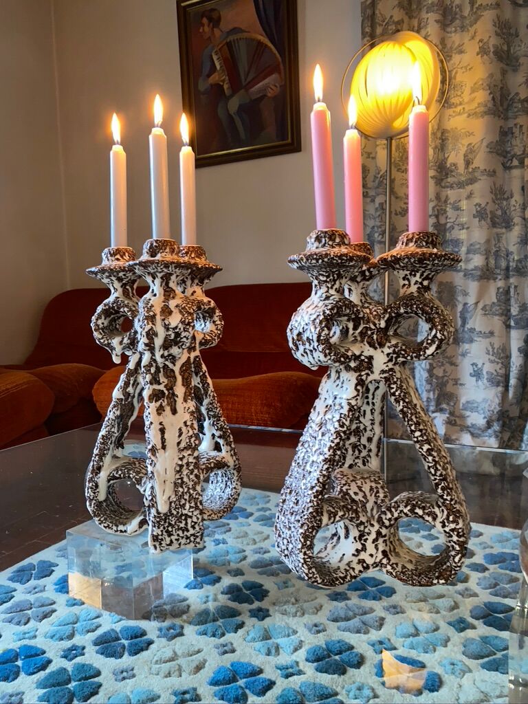 Large candle holders / candlestick Vallauris ceramic fat lava Marius Giuge 1950 x2