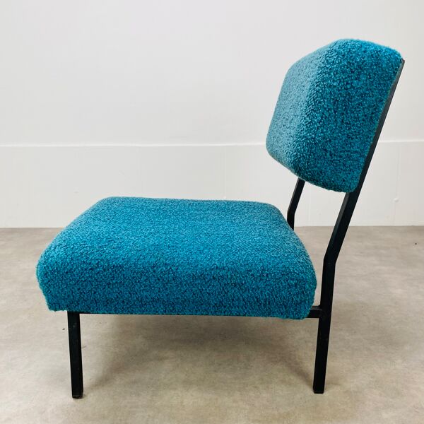 Chauffeuse moderniste années 50 tissu bouclette bleu vintage