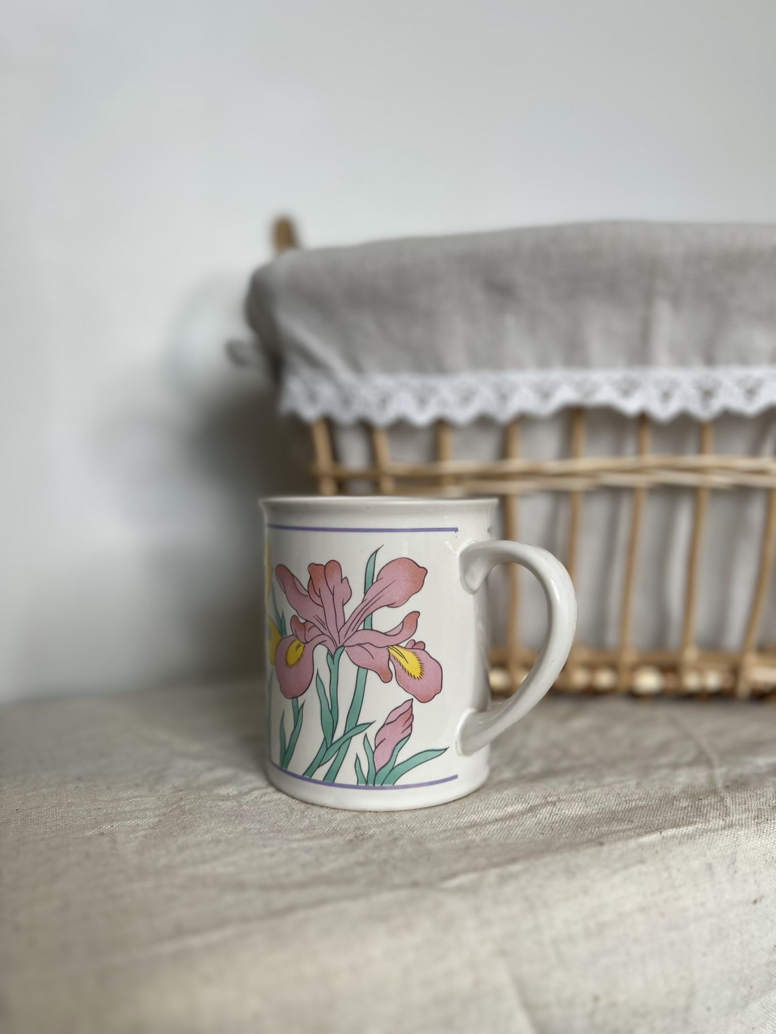 Vintage white porcelain mug or mug retro floral pattern