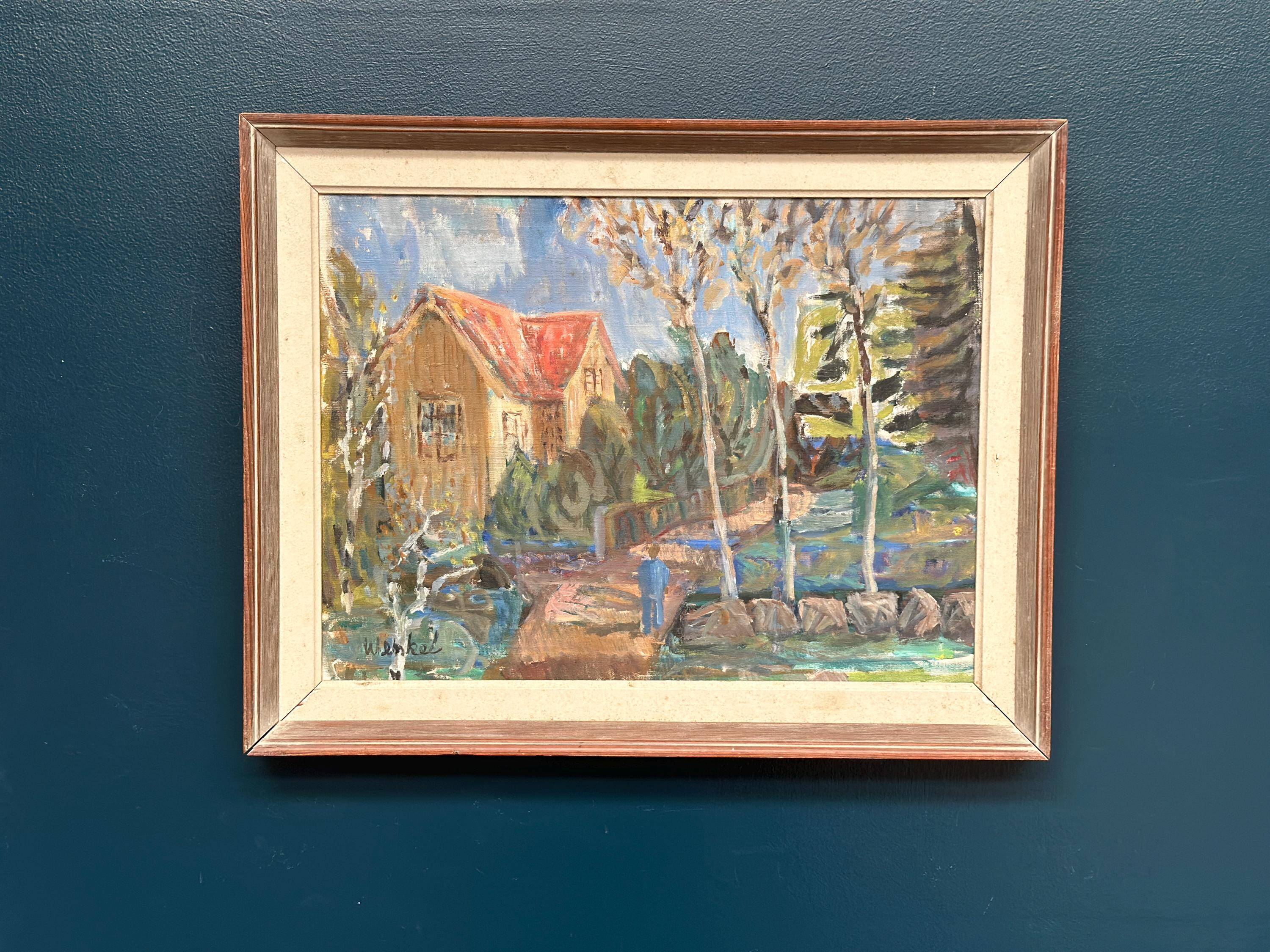 Huile sur toile suédoise d'époque mi-siècle – « Village » par Kenny Wenkel – Vintage et encadrée – 71 × 55 cm (28" × 21,7")