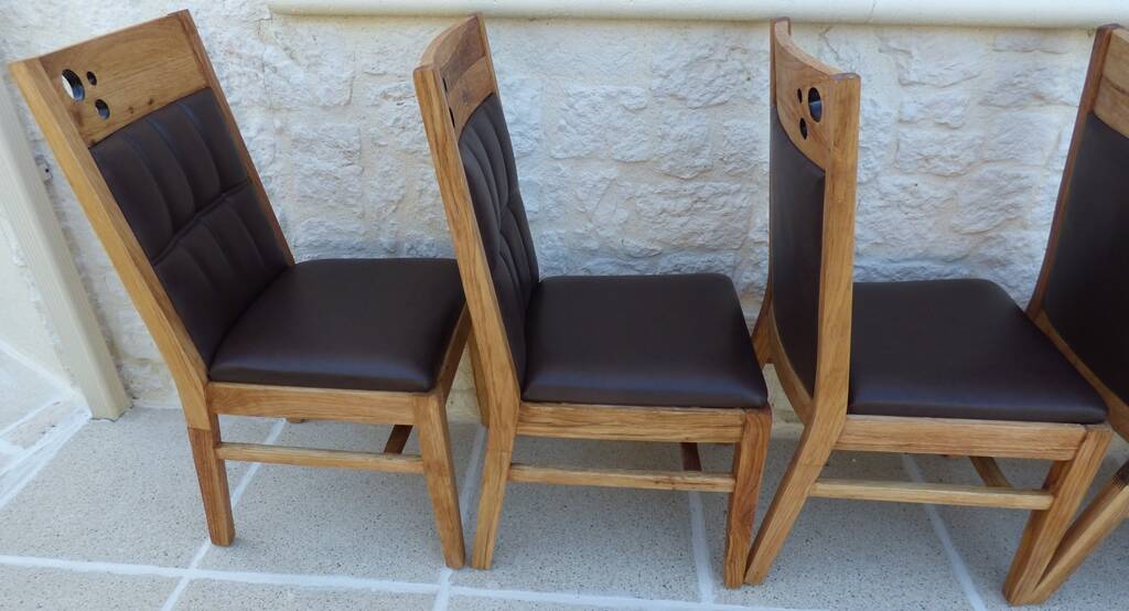 6 High-back chairs in high-quality, plush solid wood with brown faux leather