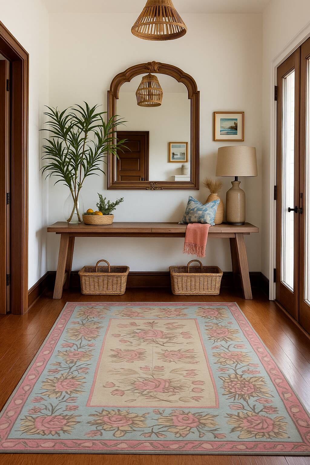 Tapis Kilim de Bessarabie en laine tissée à plat à motifs floraux roses et bleu, 1870