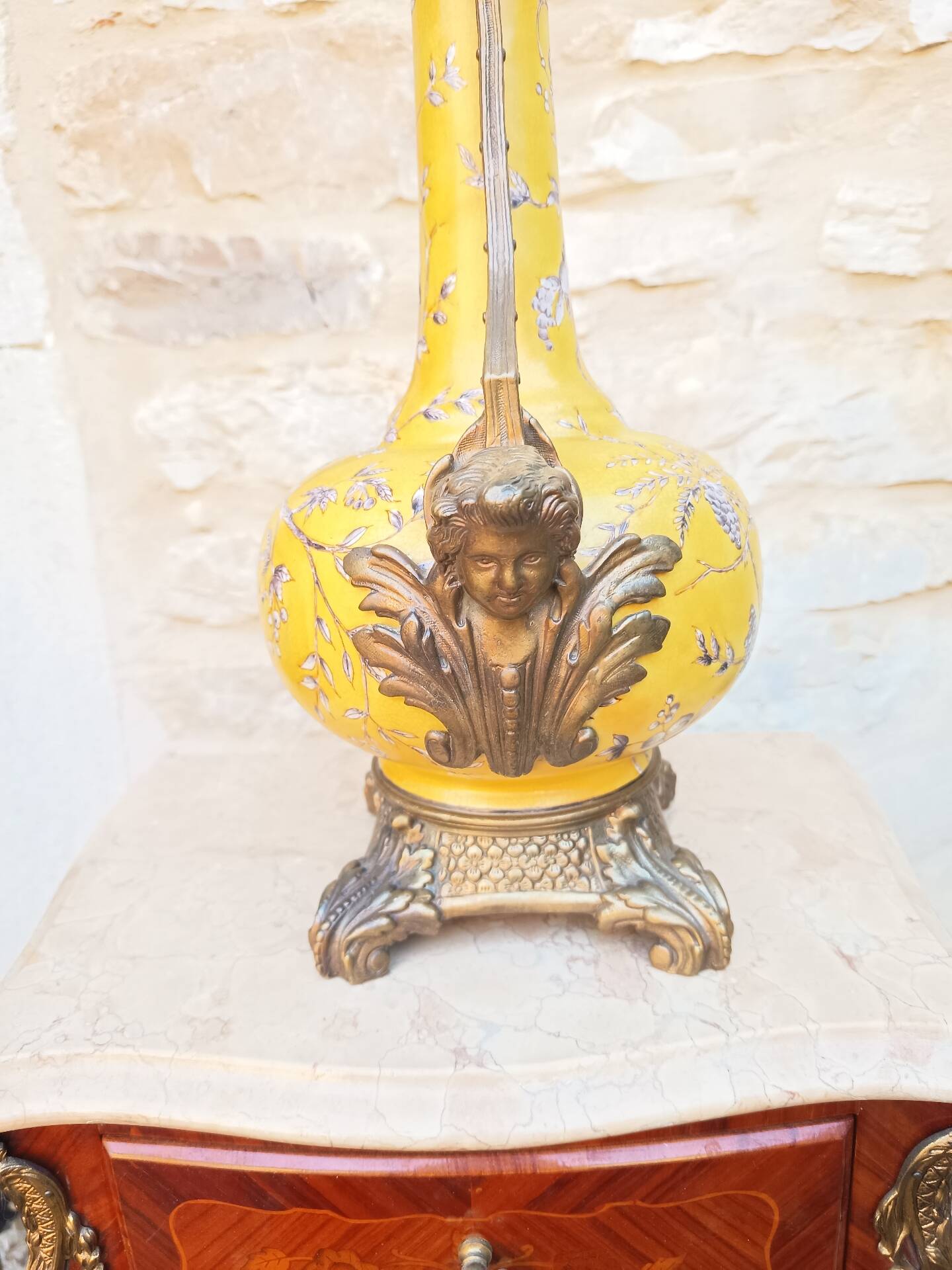 Large lamp base - 43 cm - yellow earthenware with polychrome glazes - 20th century
