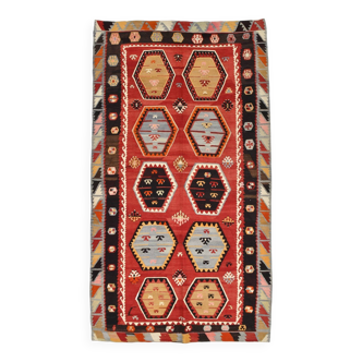 %100 Wool Turkish Vintage Kilim Rug, Mid Century Modern, 183x324 Cm