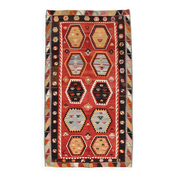 %100 Wool Turkish Vintage Kilim Rug, Mid Century Modern, 183x324 Cm