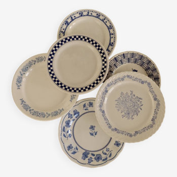 6 assiettes à dessert vintage signées porcelaine vaisselle dépareillée bleue et blanche - Lot E