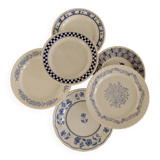 6 vintage dessert plates signed mismatched blue and white porcelain tableware - Lot E