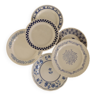 6 vintage dessert plates signed mismatched blue and white porcelain tableware - Lot E