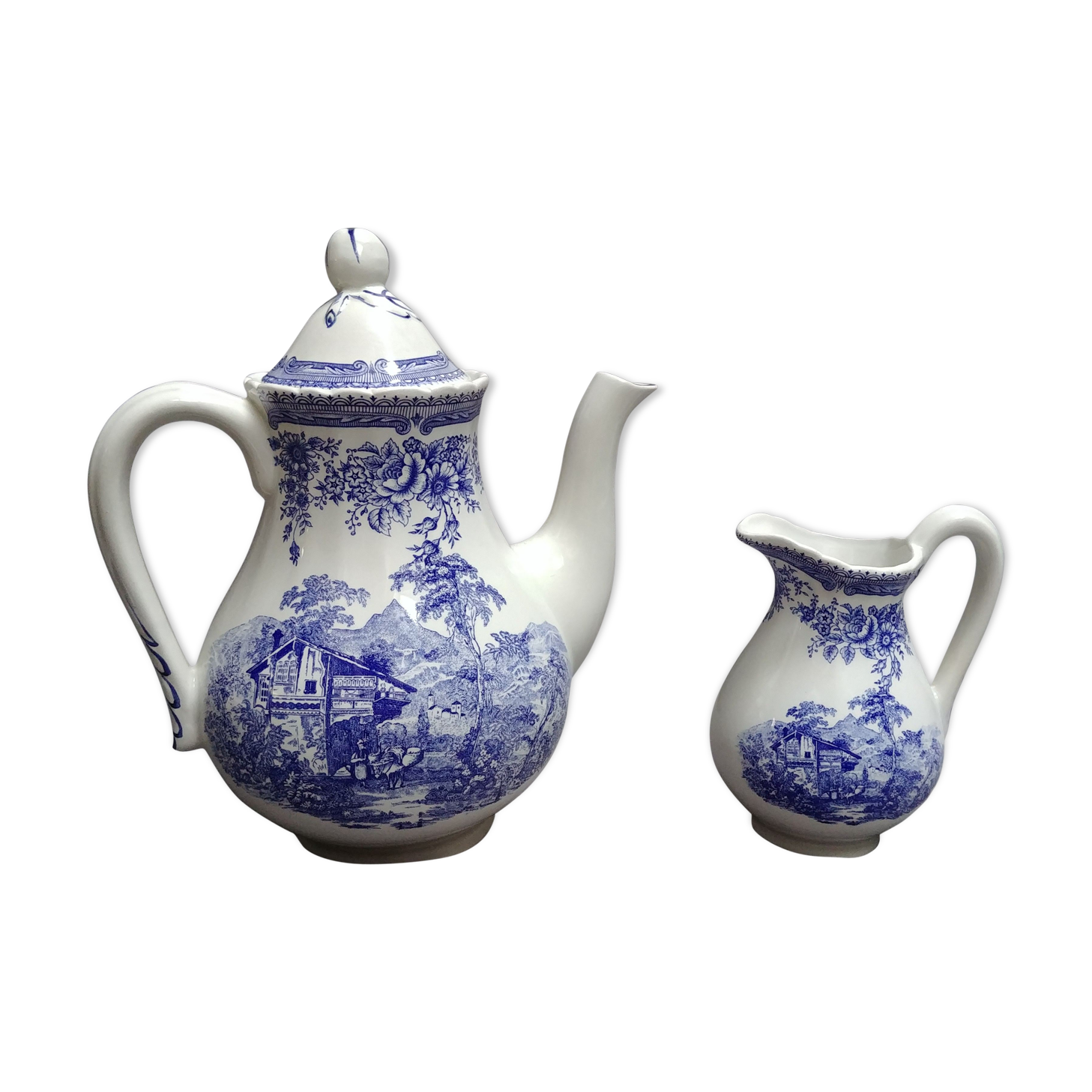 Pouring coffee maker and its milk pot in Luneville earthenware setting Excelsior - TB state - Vintage