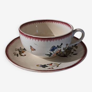 Lunch or chocolate cup with its earthenware saucer from Sarreguemines 1928 cornucopia