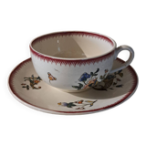 Lunch or chocolate cup with its earthenware saucer from Sarreguemines 1928 cornucopia