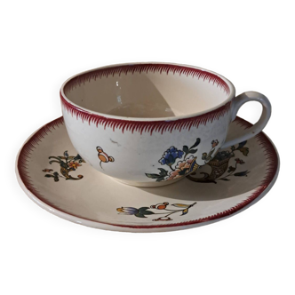 Déjeuner ou tasse à chocolat avec sa soucoupe en faïence de Sarreguemines 1928 corne d'abondance