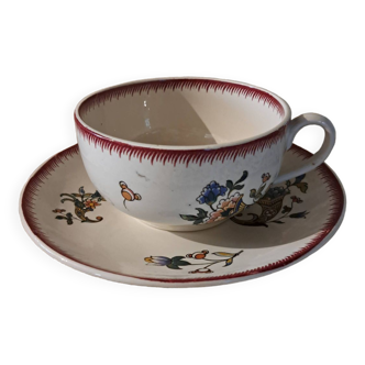 Lunch or chocolate cup with its earthenware saucer from Sarreguemines 1928 cornucopia
